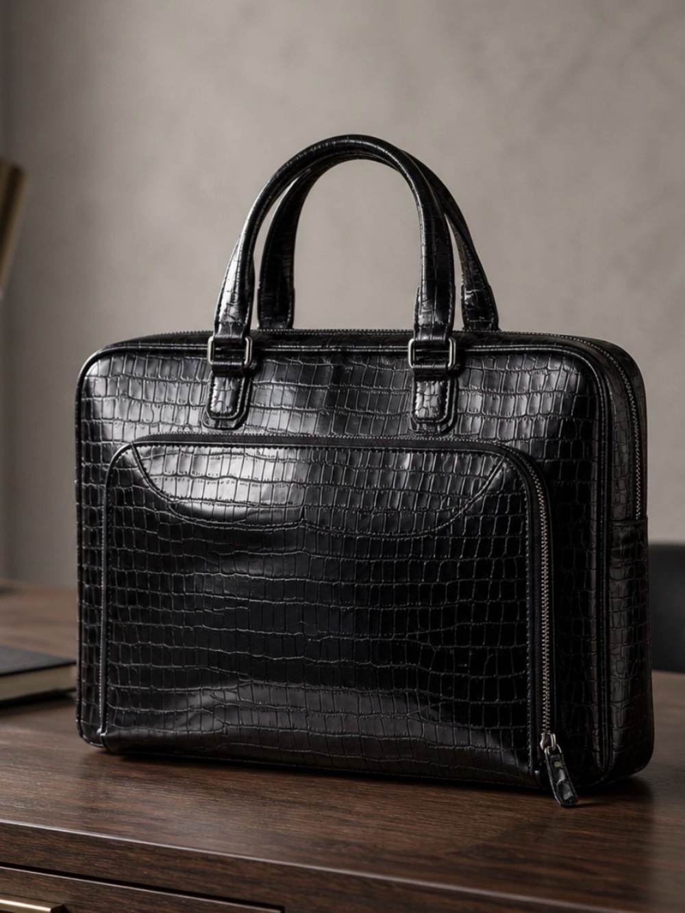 Black Crocodile-Embossed Chic Laptop Bag with Structured Design